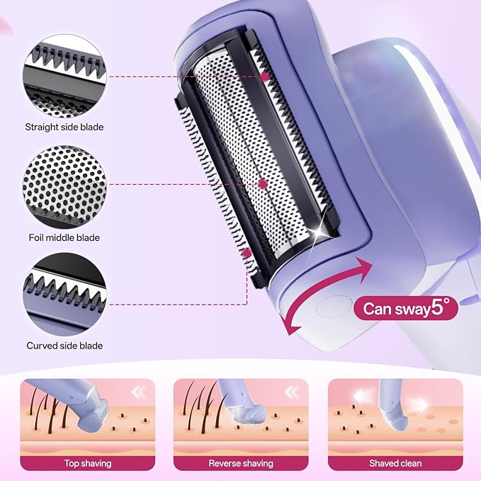 krofaue Women Electric Shaver - Cordless Waterproof Body Foil Shavers, Dry & Wet Electric Razors for Women with LED Display USB Charge Dock Purple