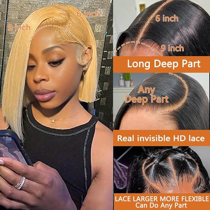 #27 Honey Blonde Lace Front Wig Human Hair Bob Wig 9x6 HD Lace Front Wigs Human Hair Glueless Wigs Human Hair Pre Plucked Pre Cut 200% Density 12 Inch Bob Wigs For Black Women