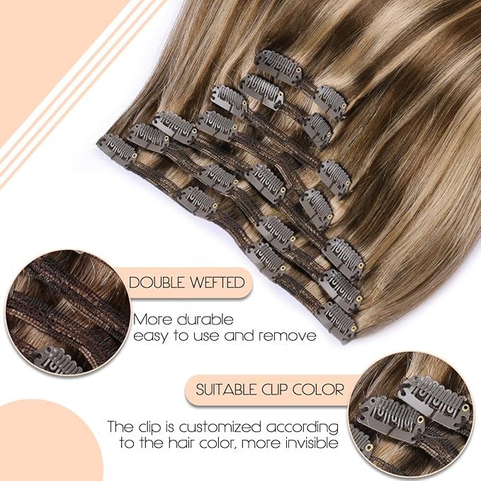 VINBAO Thick 160g Clip In Hair Extensions Real Human Hair Color 4 Chocolate Brown to 27 Dark Blonde Balayage Remy Hair 22Inch 7PCS Straight Thick End Double Weft (#HC4P27,22'')