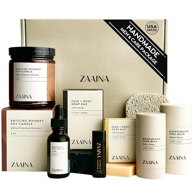 ZAAINA Men’s Self Care Kit – Luxury Spa Gift Set for Men with Face Serum, Soaps, Heel Balm & Lip Balm – Grooming Care Package for Men – Birthday & Relaxation Kit (Premium Set with Whiskey Candle)