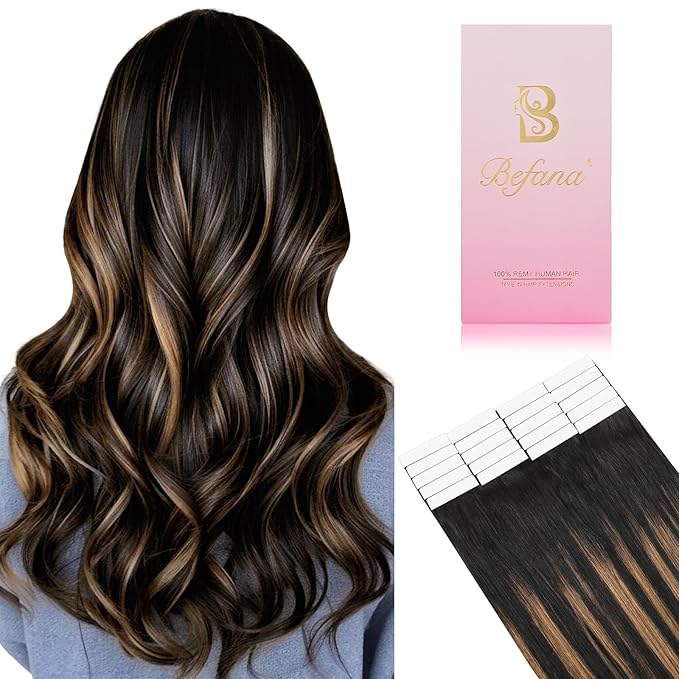 #1B/6/1B Tape in Hair Extensions Human Hair, 18inch 20Pcs Balayage Natural Black to Chestnut Brown Balayage Hair Extensions,Straight Silky 50g Remy Tape ins for Women Girls