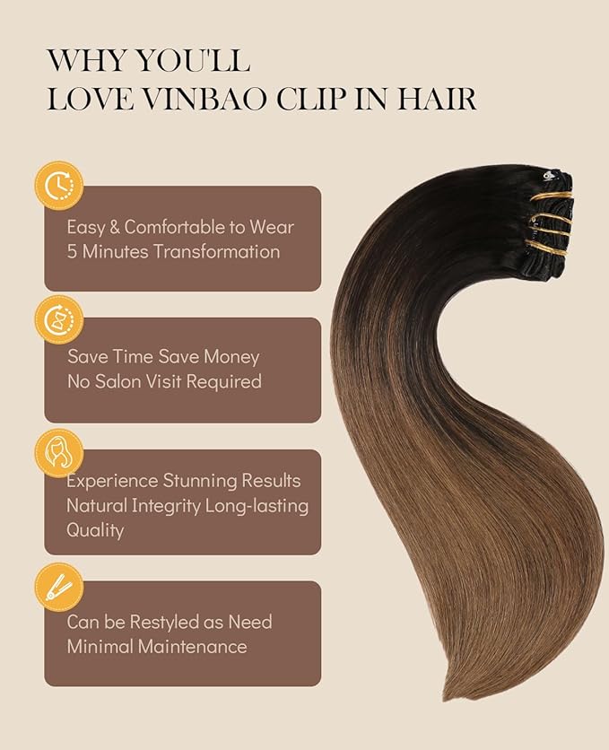 VINBAO Clip in Hair Extensions Remy Human Hair Color 1B Natural Black Fading to 4 Middle Brown 14 inch 100 Gram 6 Pcs Soft Clip in Real Human Hair Extensions for Women Thick End (#1BT4,14'')
