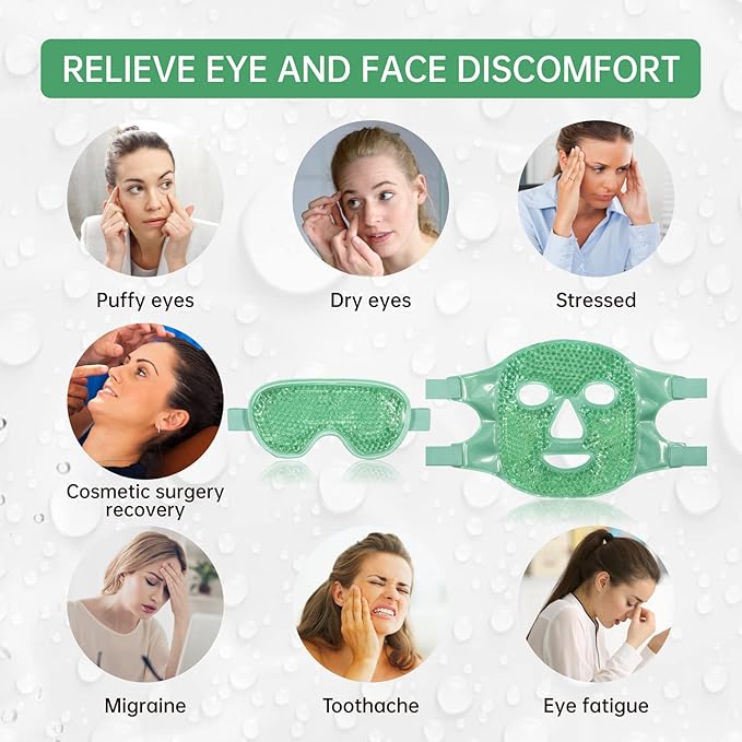 ZNÖCUETÖD Cooling Ice Face Eye Mask for Reducing Puffiness, Bags Under Eyes,Sinus,Redness,Pain Relief,Dark Circles, Migraine,Hot/Cold Pack with Soft Plush Backing(Green(1* Eye Mask+1*Face Mask))