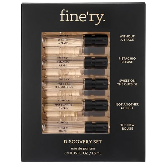 Fine'ry Gift Set - 5pc Mini Long-Lasting Perfume, Cologne for Women ft. Gourmand Pistachio, Vanilla, Cherry, Amber Saffron, Neroli, The New Rouge, Without a Trace - Perfume Samples (5 x 1.5mL)