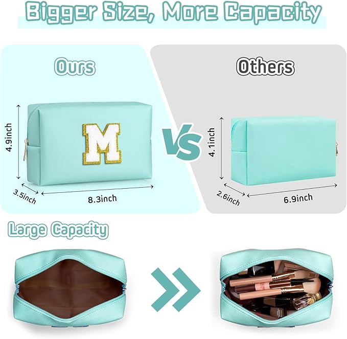 TOPEAST Personalized Makeup Bag, Chenille Letter Pouch Cosmetic Bag w Zipper, PU Leather Waterproof Toiletry Bag, Bridal Shower Gifts for Bridesmaids, Cute Stuff for Girls (Blue P)