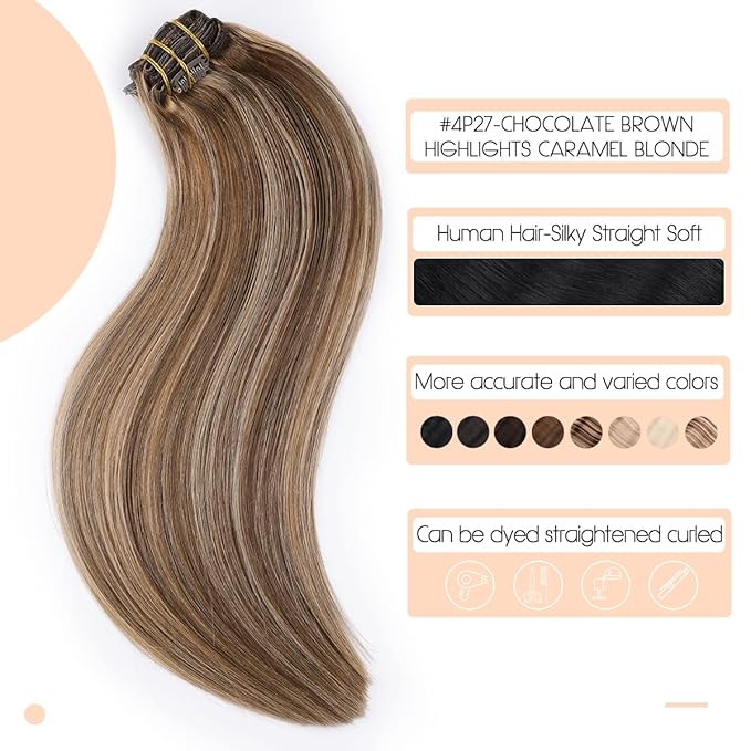VINBAO Thick 160g Clip In Hair Extensions Real Human Hair Color 4 Chocolate Brown to 27 Dark Blonde Balayage Remy Hair 22Inch 7PCS Straight Thick End Double Weft (#HC4P27,22'')