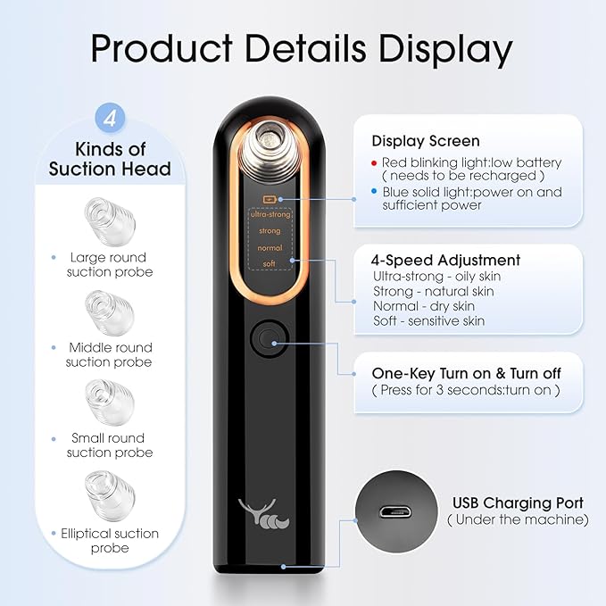 Yccu Blackhead Remover Vacuum Pore Extractor Black Head Remover for Face and Nose Blackhead Extractor Tool Pore Cleane Vacuum with USB Charge 4 Modes 5 Suction Heads for Women and Men (Black)