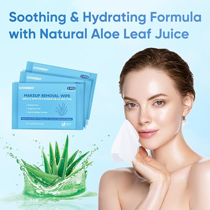 100 Count Makeup Remover Wipes, Bulk Gentle Cleansing Facial Towelettes, Individually Wrapped Travel Size,Alcohol-Free & Hypoallergenic for All Skin Types