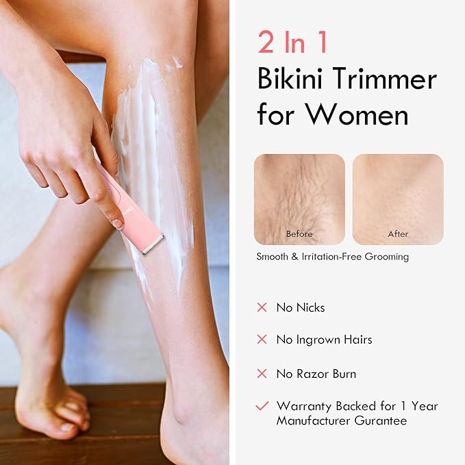 Bikini Trimmer for Women, 2 in 1 Electric Razors for Shower&Travel, IPX7 Waterproof Pubic Hair Remover for Underarm, Legs & Bikini Area, Painless Razor,Hypoallergenic Foil & Ceramic Blades