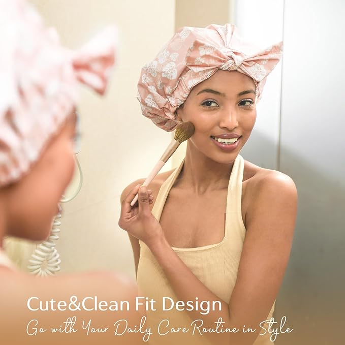 Yanibest Shower Cap for Women Reusable Waterproof, Adjustable Non-Slip Shower Hair Cap, Washable Bath Hat for Long Hair