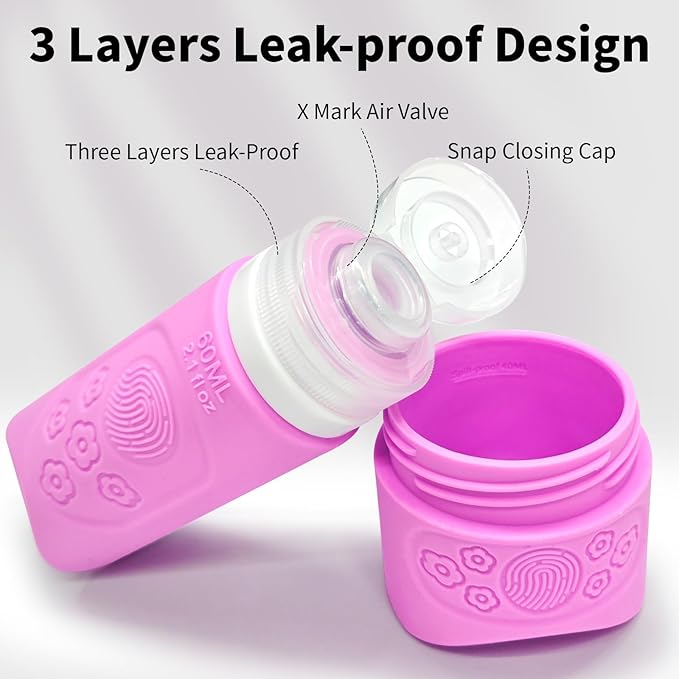 Silicone Travel Bottles 2 3 oz 90 60 40 ml Travel Jars Containers for Toiletries 5 Pack Lotion Liquid Creams Leak Proof TSA Approved Traveling Set Shampoo Body Wash Gel Makeup Skincare Women - Flower