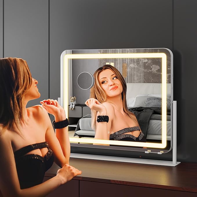 YOURLITE Vanity Mirror with Lights, 24"x 20" LED Makeup Mirror, Smart Touch Dimmable 3 Colors Modes & Adjustable Brightness, 10x Magnification with USB Charging Port, 360° Rotation for Bedroom