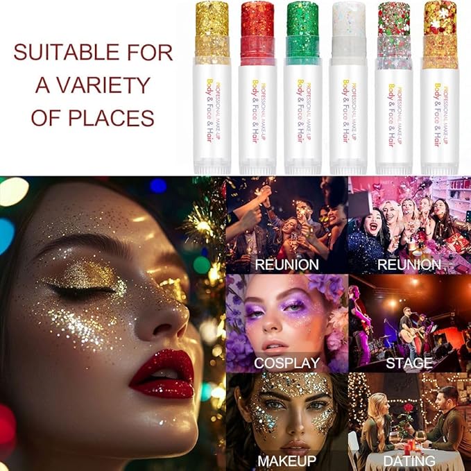 Rainbow Body Glitter Stick, Sparkling Neon Outfit Holographic Sequins Glitters for Eye Lip Hair Nails, Festival Rave Accessories Face and Body Glitter Gel Makeup