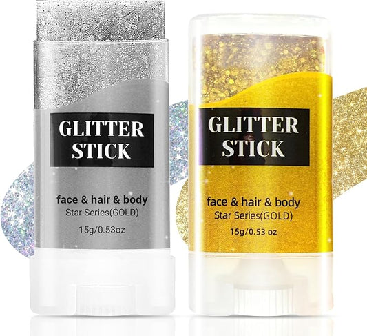 2PCS Face Body Glitter Stick,Gold Silver Hair Glitter Stick for Kids Women,Roll on Body Face Glitter Gel Makeup Hair Accessories,Silver Face Paint,Halloween Singer Concert Party Accessories