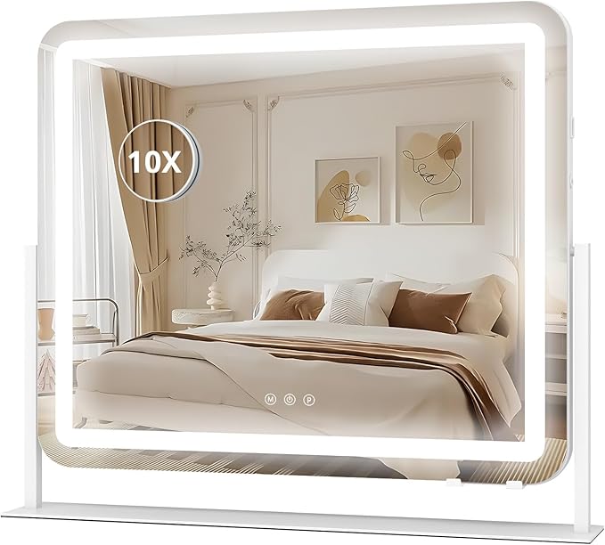 YOURLITE Vanity Mirror with Lights, 24"x 20" LED Makeup Mirror, Smart Touch Dimmable 3 Colors Modes & Adjustable Brightness, 10x Magnification with USB Charging Port, 360° Rotation for Bedroom