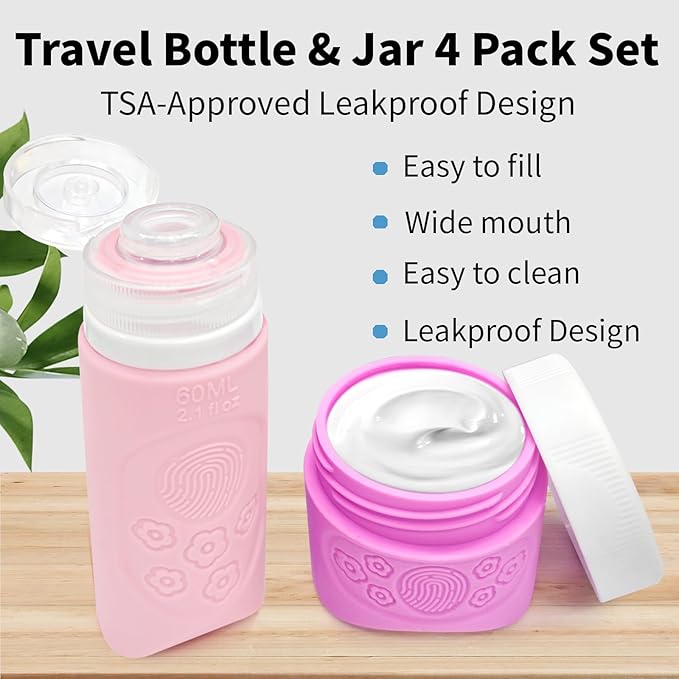 Silicone Travel Bottles 2 3 oz 90 60 40 ml Travel Jars Containers for Toiletries 5 Pack Lotion Liquid Creams Leak Proof TSA Approved Traveling Set Shampoo Body Wash Gel Makeup Skincare Women - Flower