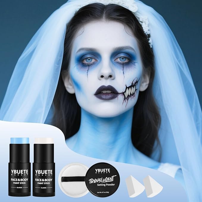 White Light Blue Face Body Paint Stick Set with Translucent Setting Powder and Sponges, Professional Full Coverage Face Painting for Adults Halloween Cosplay SFX Avatar Corpse Bride Makeup