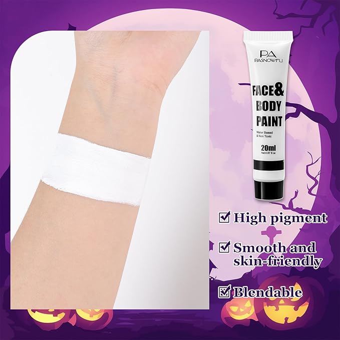 White Face Paint - Professional Water-Based Non-Toxic Body Painting for Skeleton Vampire Clown Halloween SFX Cosplay, Cream Formula Washable paint for Costume Party Theater Stage Performance