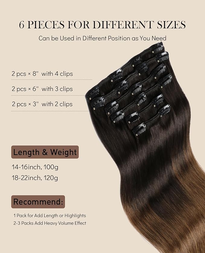 VINBAO Clip in Hair Extensions Real Human Hair Color 1B Off Black Fading to 4 Middle Brown Full Head Thick End Long Straight Clip in Hair Extensions for Women 18 inch 120 Gram 6Pcs (#1BT4,18'')