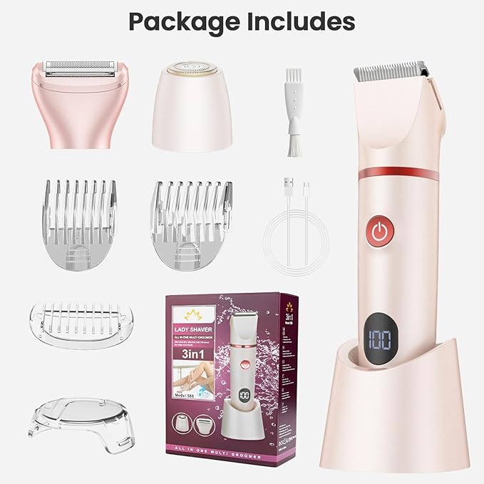 Bikini Trimmer Electric Razors for Women - 3 in 1 Electric Shaver for Women, Waterproof Pubic Hair Trimmers and Facial Hair Remover, Rechargeable Women's Grooming Kit
