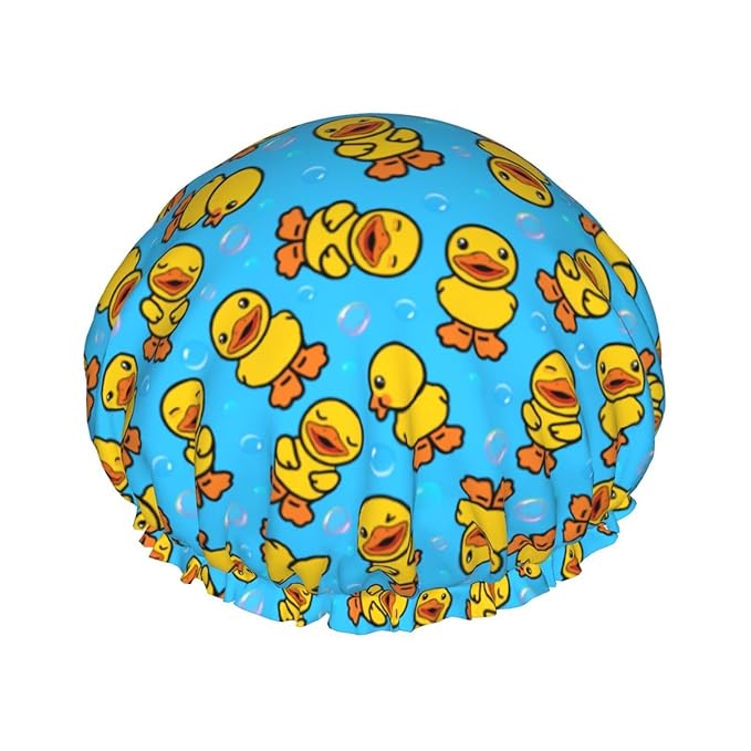 Yellow Rubber Duck Shower Cap For Women Adjustable Double Waterproof Layers Bathing Shower Hat Hair Protection Reusable Ladies Spa Salon Shower Hat