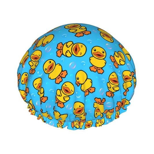 Yellow Rubber Duck Shower Cap For Women Adjustable Double Waterproof Layers Bathing Shower Hat Hair Protection Reusable Ladies Spa Salon Shower Hat