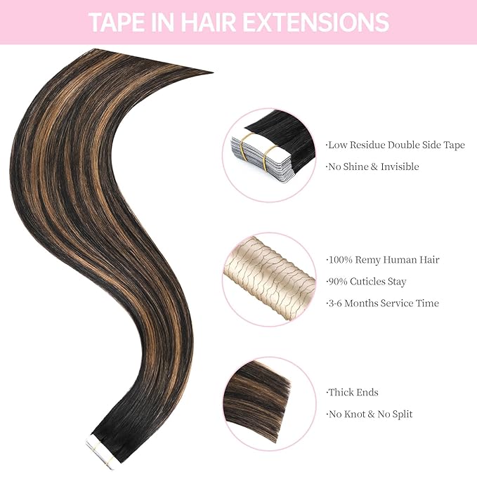 #1B/6/1B Tape in Hair Extensions Human Hair, 18inch 20Pcs Balayage Natural Black to Chestnut Brown Balayage Hair Extensions,Straight Silky 50g Remy Tape ins for Women Girls