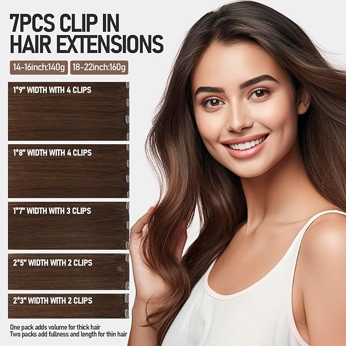 VINBAO Dark Brown Hair Extensions Clip in Human Hair Chocolate Brown Clip in Human Hair Extensions 160G Straight Real Hair Extensions Full Head Set for Long Hair 18in 7pcs (#HC4,18'')
