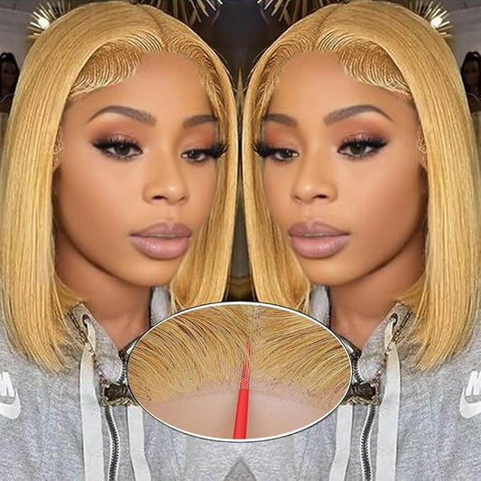 #27 Honey Blonde Lace Front Wig Human Hair Bob Wig 9x6 HD Lace Front Wigs Human Hair Glueless Wigs Human Hair Pre Plucked Pre Cut 200% Density 16 Inch Bob Wigs For Black Women