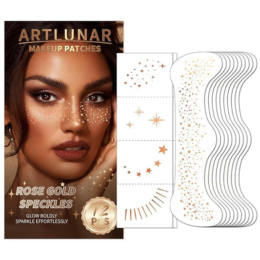 Artlunar 12Pcs Christmas Rose Gold Sparkle Makeup Patches - Body Glitter Stickers for Face and Body, Perfect for Festivals and Parties (Rose Gold),Christmas Makeup Gifts for Women and Girl.