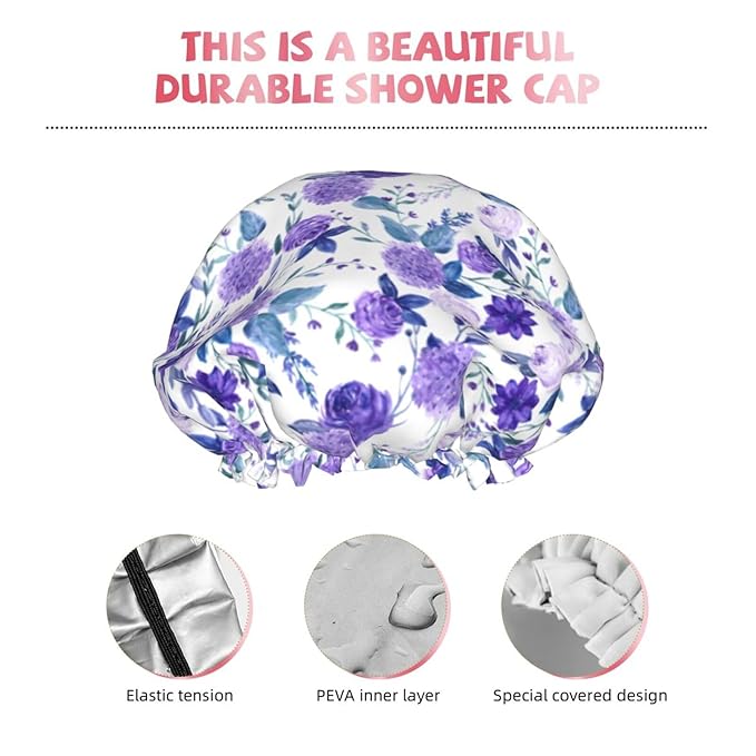Violet Purple Rose Shower Cap For Women Adjustable Double Waterproof Layers Bathing Shower Hat Hair Protection Reusable Ladies Spa Salon Shower Hat