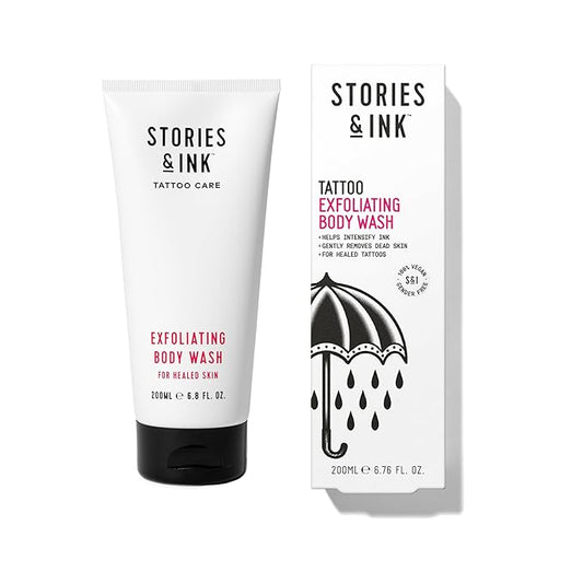 Stories & Ink Tattoo Aftercare | EXFOLIATING BODY WASH - Body Scrub Removes Dead & Dull Skin, Brightens Healed Tattoos, 200 mL / 6.8 Fl Oz