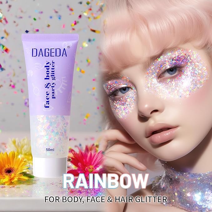 DAGEDA Rainbow Color Body Glitter Gel, Holographic Face Glitter Body Gel Rave Party Accessories, Chunky Glitters for Face Hair Nails, Cosmetic Laser Powder Festival Sequins Paint Makeup