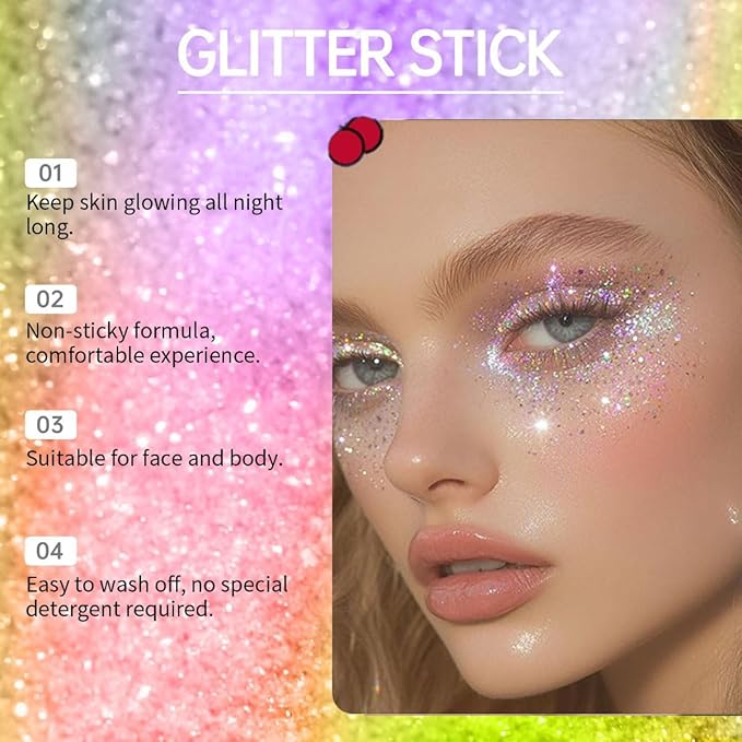 Rainbow Body Glitter Stick, Sparkling Neon Outfit Holographic Sequins Glitters for Eye Lip Hair Nails, Festival Rave Accessories Face and Body Glitter Gel Makeup