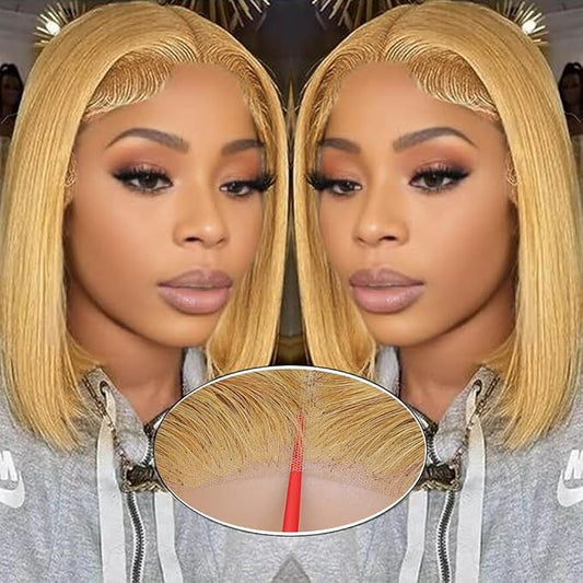 #27 Honey Blonde Bob Wig Human Hair Glueless 14inch Glueless Wigs Human Hair Pre Plucked Pre Cut with Baby Hair 9X6 HD Lace Front Wigs For Black Women 200% Density Straight Bob Wigs