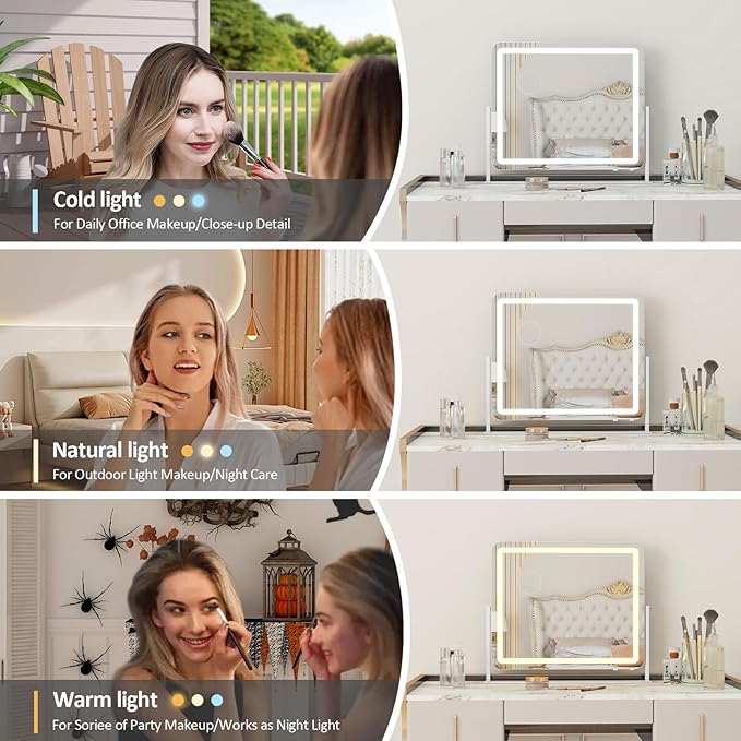 YOURLITE Vanity Mirror with Lights, 24"x 20" LED Makeup Mirror, Smart Touch Dimmable 3 Colors Modes & Adjustable Brightness, 10x Magnification with USB Charging Port, 360° Rotation for Bedroom