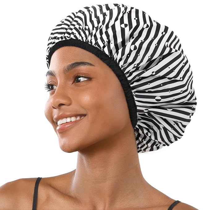 Yanibest Shower Cap Reusable Waterproof - Double Layer Shower Caps for Women, Washable Shower Bonnet with Soft Non-Slip Elastic Band, Bath Hair Hat for Most Hair Types