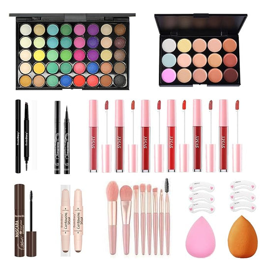 All-in-One Makeup Kit for Women/Teens/Girls – Complete Cosmetic Set with Eyeshadow Palette, Concealer Palette, Lip Gloss, Brushes & Travel Bag