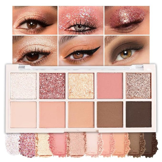 10 Colors Eyeshadow Palette,Matte&Glitter&Shimmer Eyeshadow Makeup,Naturing-Looking,High Pigment Waterproof Eye Shadow Palette Makeup, 100% Cruelty-free (10#Shimmer Nude)