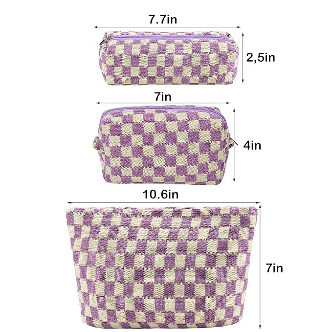ZLFSRQ 3Pcs Checkered Makeup Bag for Women Large Small Checkered Cosmetic Bag Set Aesthetic Preppy Pencil Case Cute Pencil Pouch Purple Makeup Pouch for Purse Travel Toiletry Bags Zipper Skincare Bags