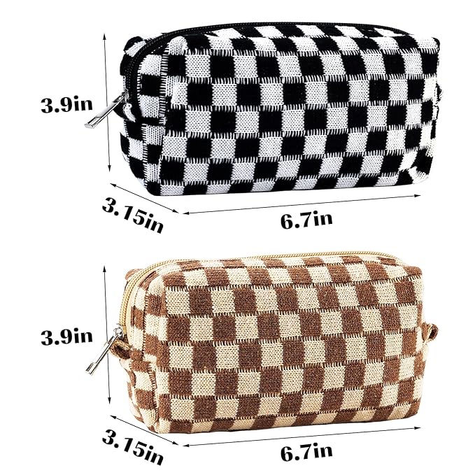 ZLFSRQ 2Pcs Checkered Pencil Case Cute Pencil Pouch for Teens Checkered Makeup Bag Medium Travel Cosmetic Bag Preppy Makeup Pouch for Purse Aesthetic Zipper Toiletry Bags Organizer(Black/Brown)