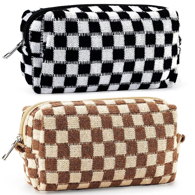 ZLFSRQ 2Pcs Checkered Pencil Case Cute Pencil Pouch for Teens Checkered Makeup Bag Medium Travel Cosmetic Bag Preppy Makeup Pouch for Purse Aesthetic Zipper Toiletry Bags Organizer(Black/Brown)