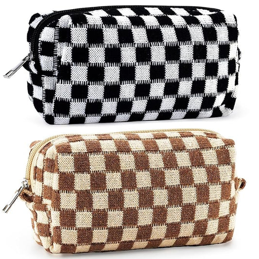 ZLFSRQ 2Pcs Checkered Pencil Case Cute Pencil Pouch for Teens Checkered Makeup Bag Medium Travel Cosmetic Bag Preppy Makeup Pouch for Purse Aesthetic Zipper Toiletry Bags Organizer(Black/Brown)