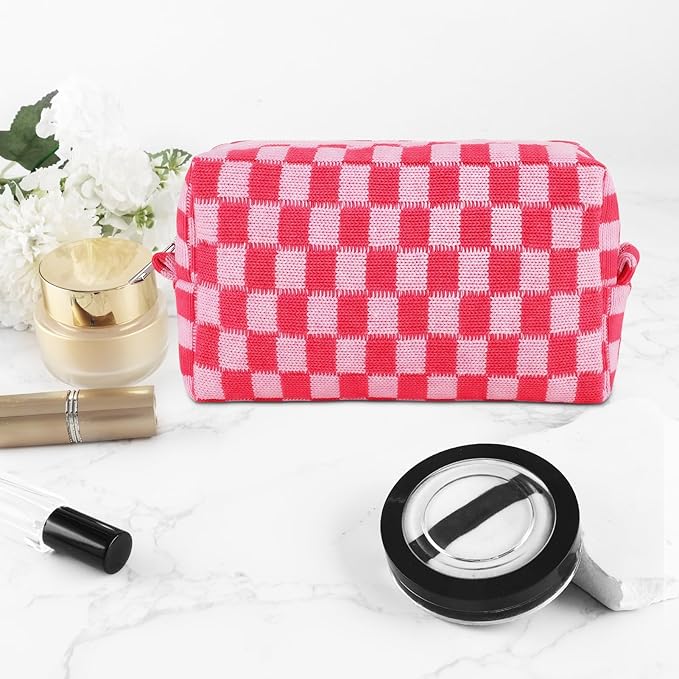 ZLFSRQ 6Pcs Checkered Pencil Case Cute Pencil Pouch for Teens Checkered Makeup Bag Pink Medium Travel Cosmetic Bag Makeup Pouch for Purse Aesthetic Trendy Zipper Toiletry Bags Organizer