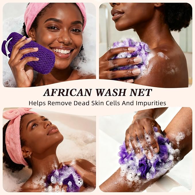 Zkptops 3 Pieces Authentic African Net Sponge Small African Scrubbing Net Exfoliating Washcloth Back Scrubber Body Scrubber Bath Sponge for Shower Bathing Accessories for Women (Yellow Purple Black)