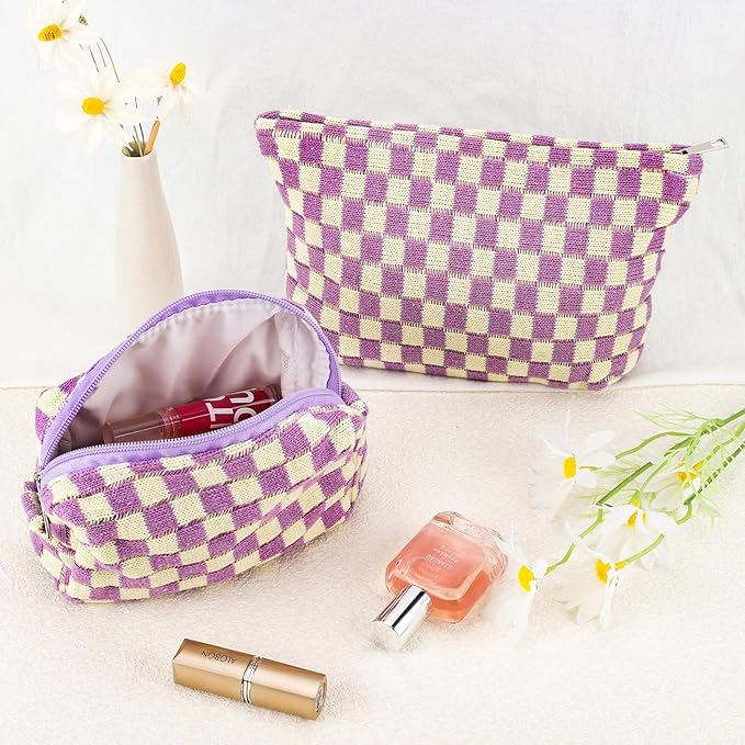 ZLFSRQ 2Pcs Checkered Makeup Bag for Women Large Small Checkered Cosmetic Bag Set Aesthetic Preppy Pencil Case Cute Pencil Pouch Purple Makeup Pouch for Purse Travel Toiletry Bags Zipper Skincare Bags