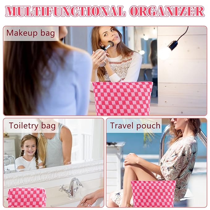 ZLFSRQ 3Pcs Makeup Bag Checkered Cosmetic Bag Set Travel Toiletry Bags for Purse Large Small Makeup Pouch for Women Cute Preppy Pencil Pouch Case Pink Zipper Skincare Bags