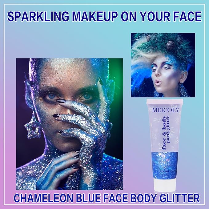 MEICOLY Chameleon Blue Hair Glitter,Chunky Face Glitter Gel,Color Changing Mermaid Singer Concerts Sparkling Glitter for Face Body,Halloween Festival Party Makeup,50ml
