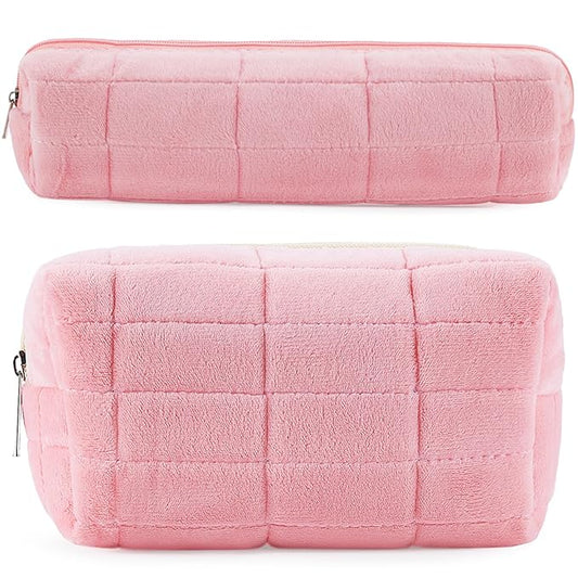 ZLFSRQ 2Pcs Pencil Case Cute Pencil Pouch for Teens Plush Makeup Bag Travel Cosmetic Bag Set Pink Makeup Pouches Purse Preppy Zippered Toiletry Bags Organizer Trendy Zipper Skincare Storage Organizer