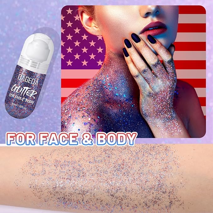 DAGEDA Red White and Blue Body Glitter Gel, Roll-on Face Glitter for USA Pride Day, 4th of July Women Costume Accessories,Patriotic Glitters President's Day, Holographic Festival Makeup